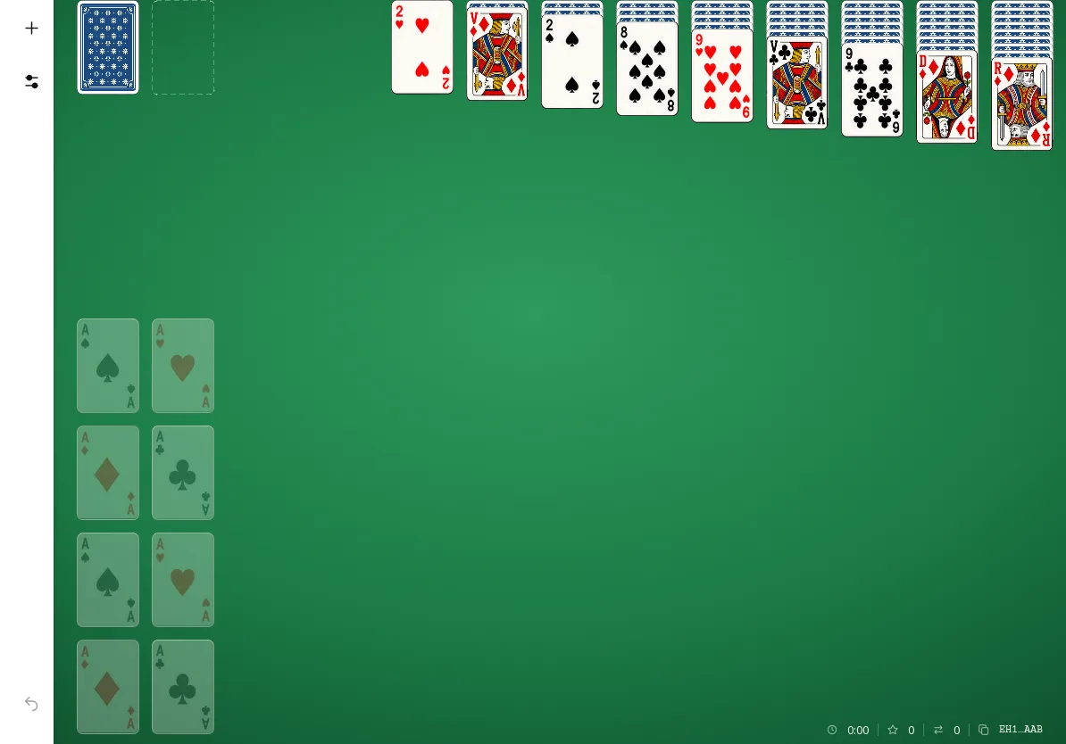 Easy Harp sur tablette à l’horizontale : la même donne au départ, avec plus de tapis vert autour des cartes.